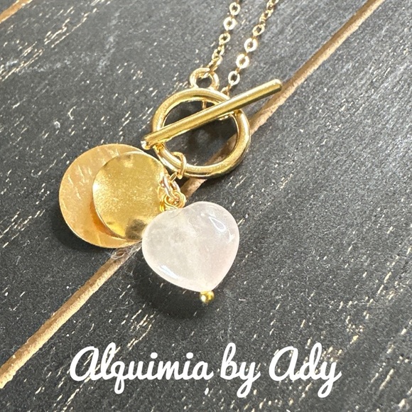 Alquimia Gold Necklace with Heart pink quartz Charm - Picture 2 of 3